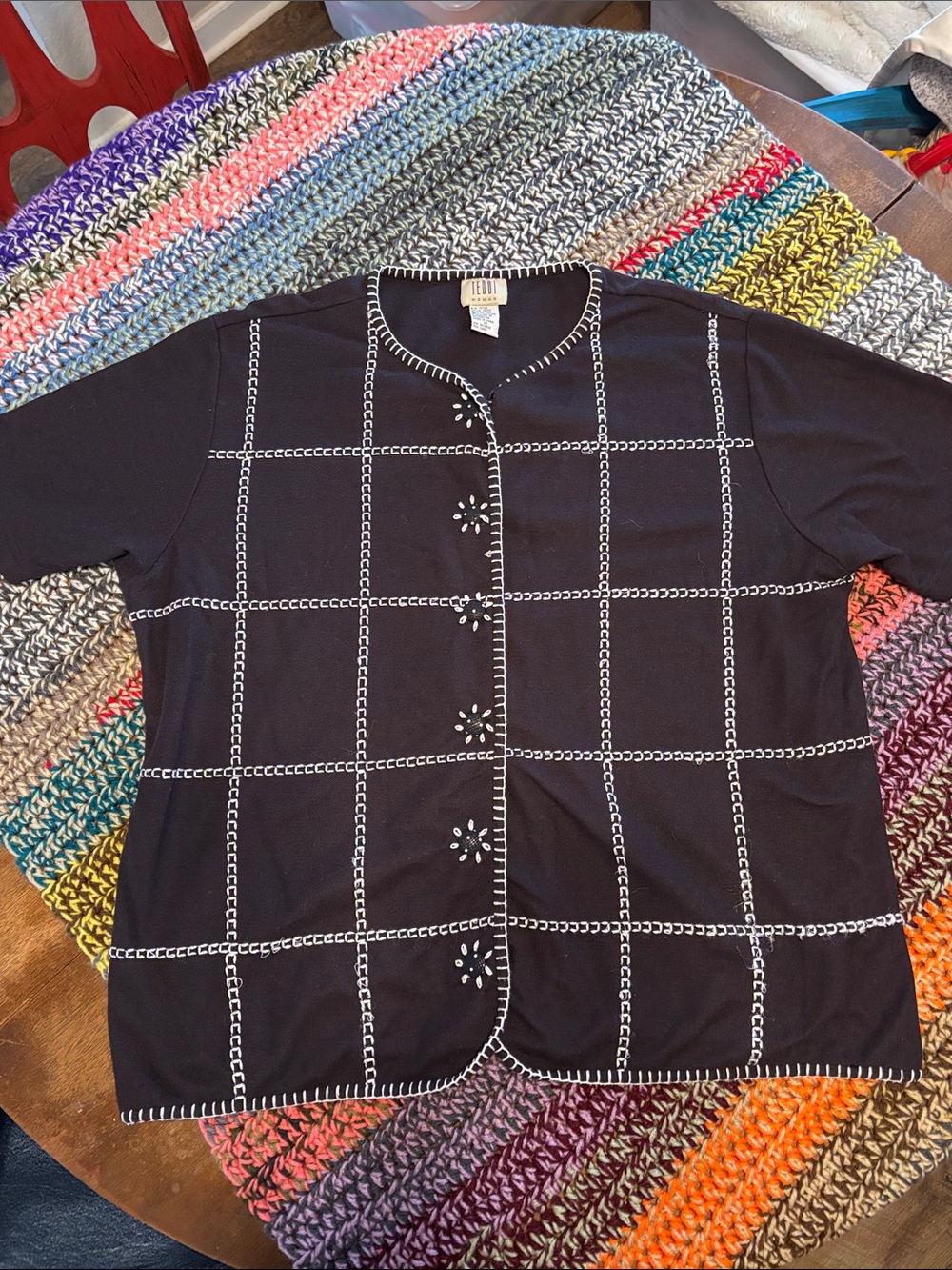 GREAT VINTAGE Teddi Black Cardigan with White Grid Stitching